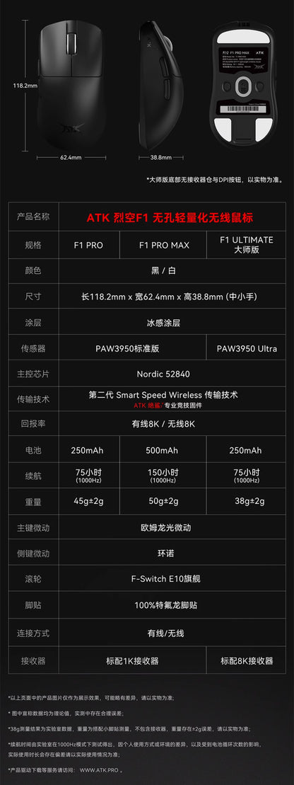 ATK 烈空 F1 PRO/PROMAX/EXTREME探索版/ULTIMATE大師版 無線電競滑鼠